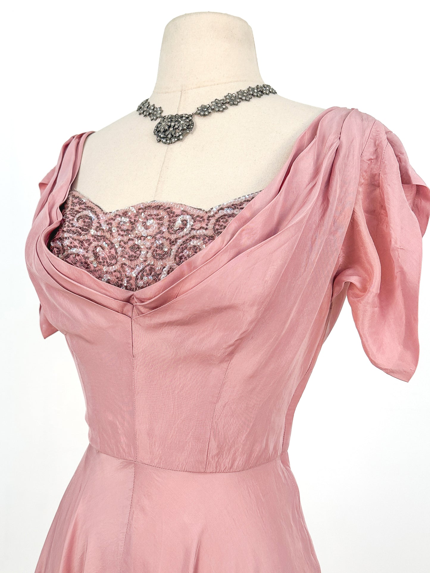 1930s Mauve Satin Gown with Sequin Bodice / Waist 26