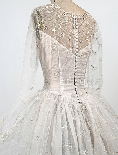 1950s Tulle Wedding Dress with Leaf and Floral Pattern / Waist 24