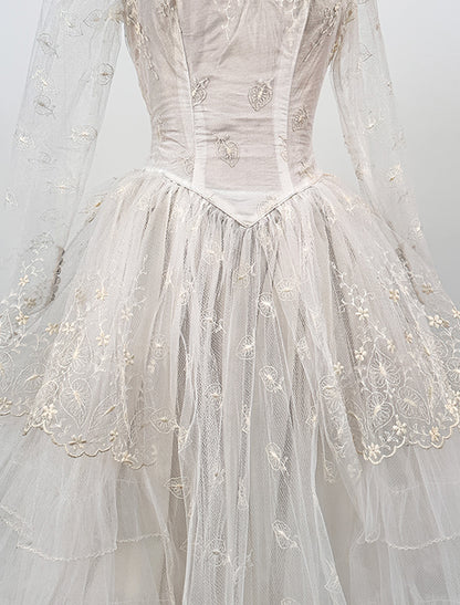 1950s Tulle Wedding Dress with Leaf and Floral Pattern / Waist 24