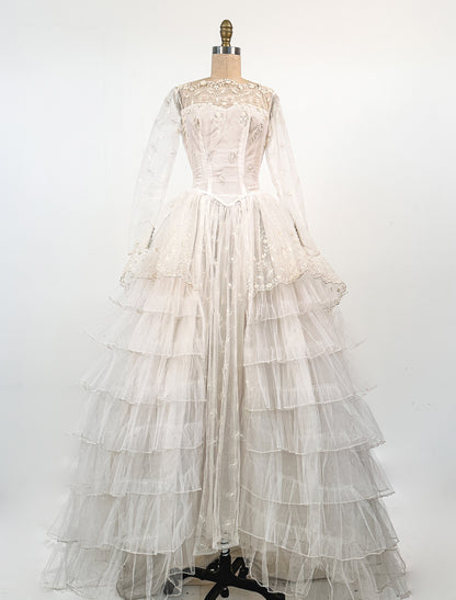 1950s Tulle Wedding Dress with Leaf and Floral Pattern / Waist 24