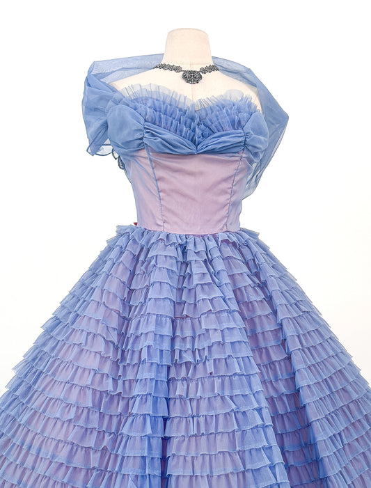 1950s Blue Chiffon Ruffled Party Dress with Bustle / Waist 24