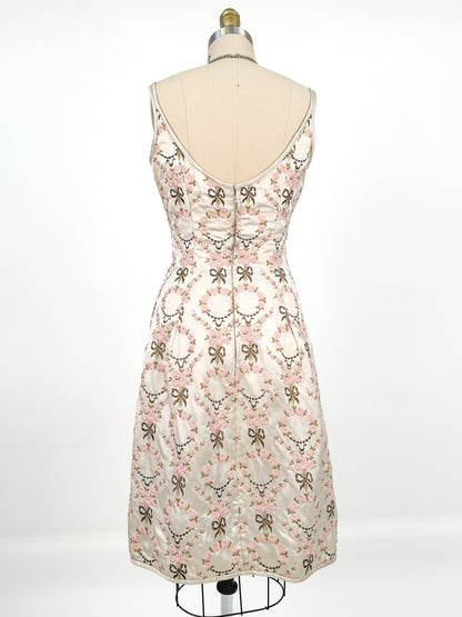 1960s Embroidered Satin Party Dress by Susan Small / Waist 24-26