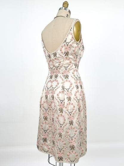 1960s Embroidered Satin Party Dress by Susan Small / Waist 24-26