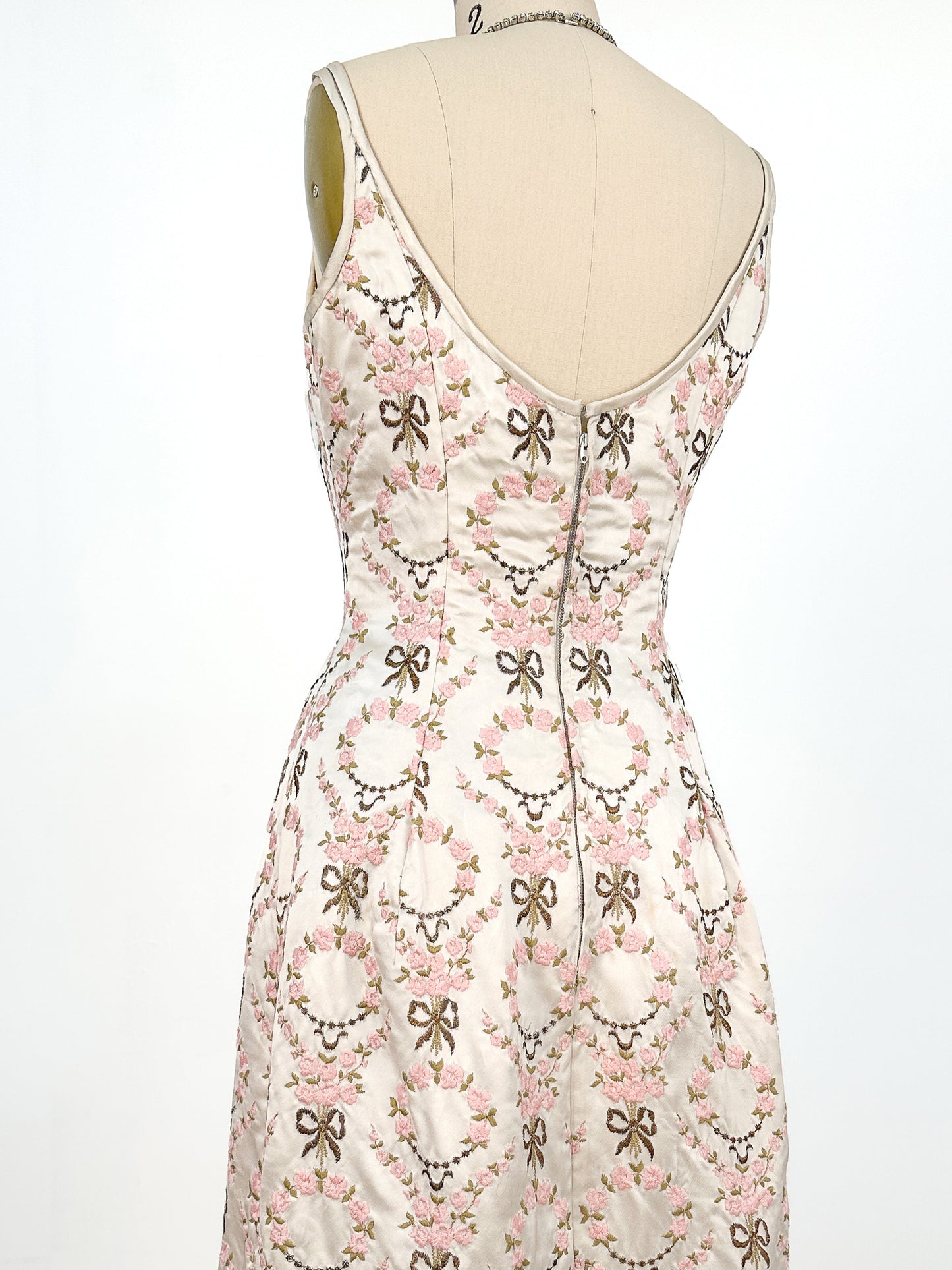 1960s Embroidered Satin Party Dress by Susan Small / Waist 24-26