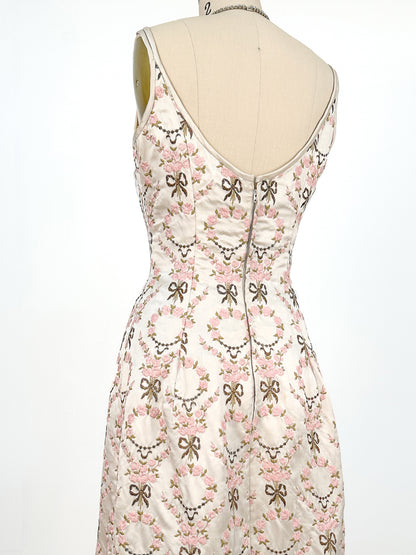 1960s Embroidered Satin Party Dress by Susan Small / Waist 24-26