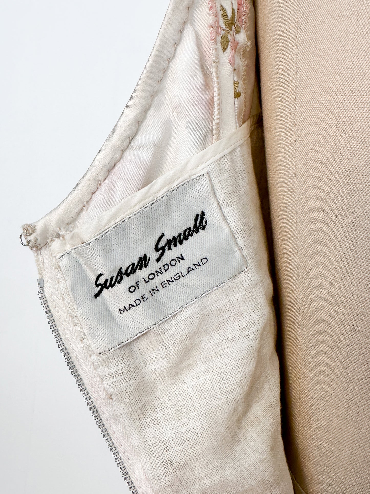 1960s Embroidered Satin Party Dress by Susan Small / Waist 24-26