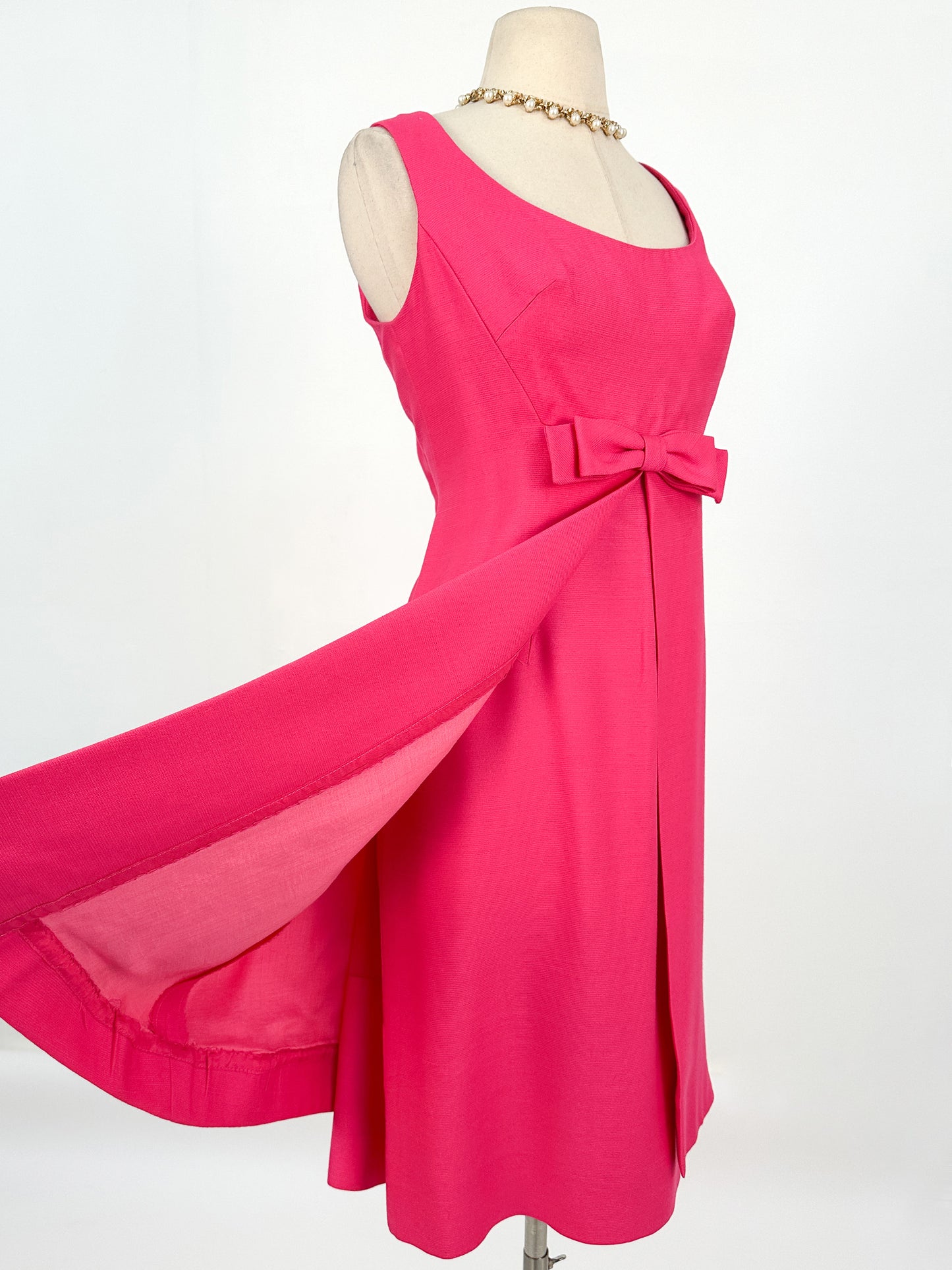 1960s Hot Pink Shift Dress with Bow / Waist 32