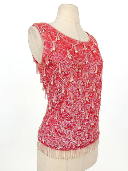 1960s Sparkling Fuchsia Sequin & Beaded Hot Pink Top / Bust 38