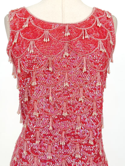 1960s Sparkling Fuchsia Sequin & Beaded Hot Pink Top / Bust 38