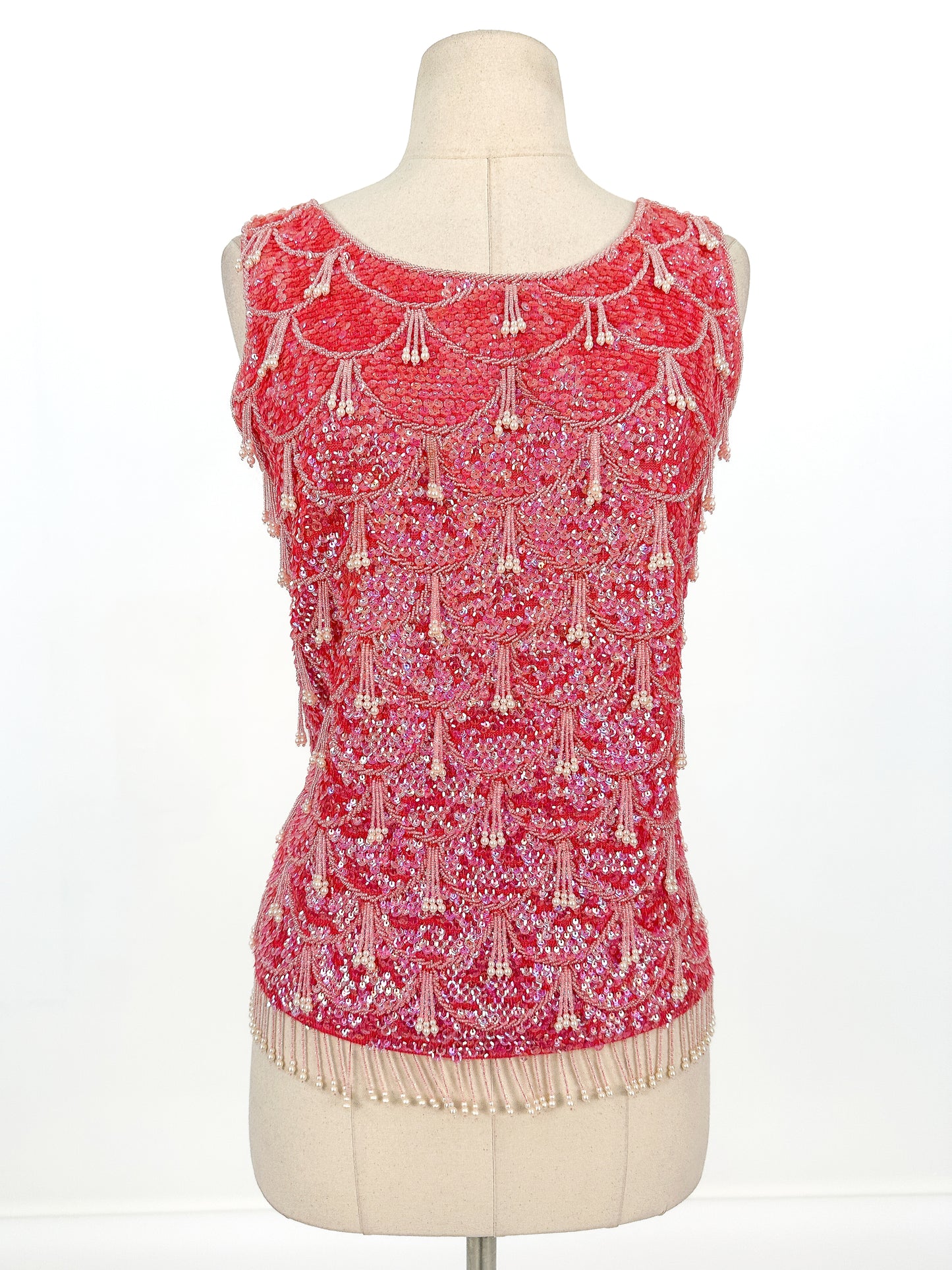 1960s Sparkling Fuchsia Sequin & Beaded Hot Pink Top / Bust 38