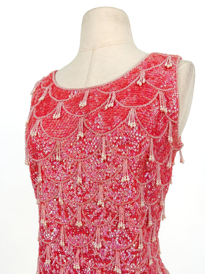 1960s Sparkling Fuchsia Sequin & Beaded Hot Pink Top / Bust 38