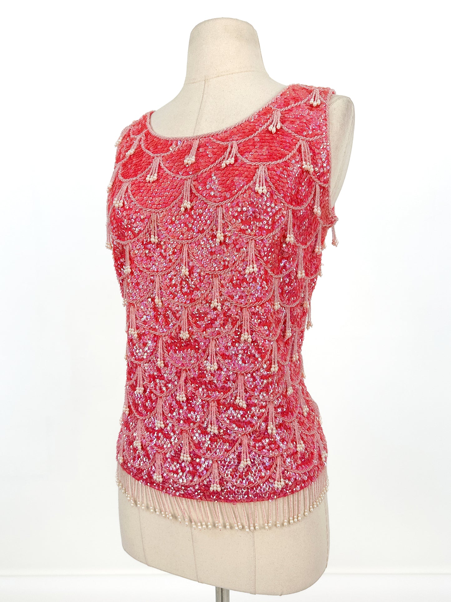 1960s Sparkling Fuchsia Sequin & Beaded Hot Pink Top / Bust 38