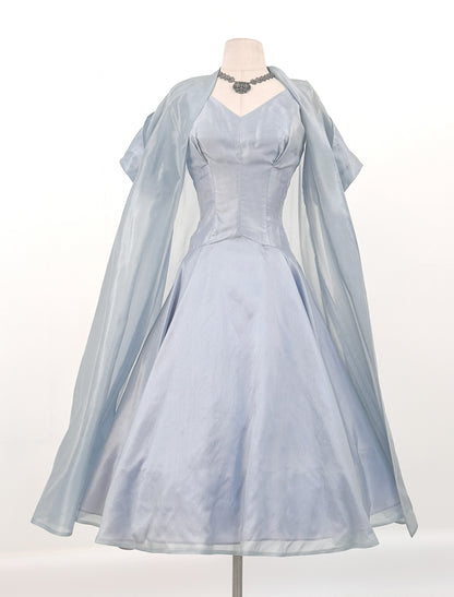 1950s Shimmering Light Blue Dress with Matching Coat / Waist 26