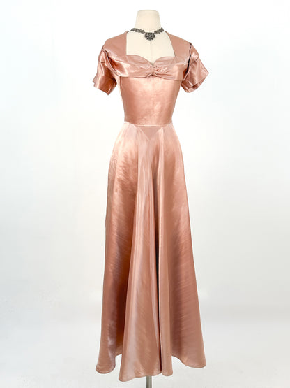 1930-40s Dusty Rose Silk Satin Gown / Waist 30