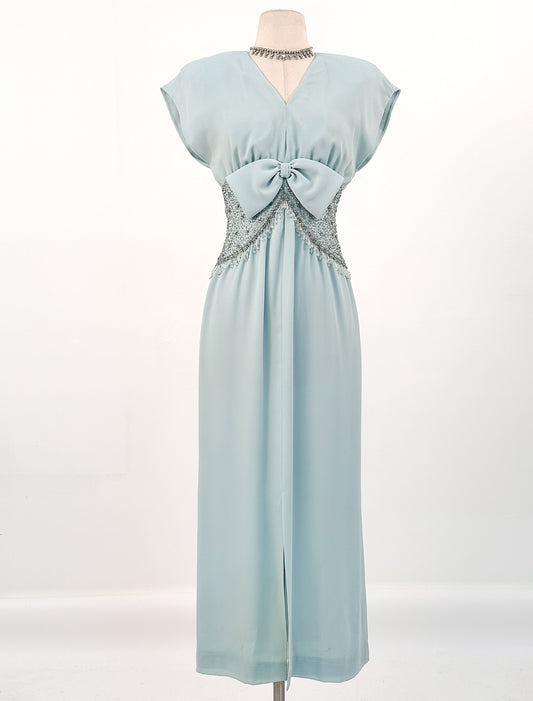 1960s Light Blue Chiffon Beaded Dress / Waist 26