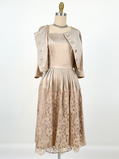 1950s Silky Taupe Satin and Lace Matching Set / Waist 26