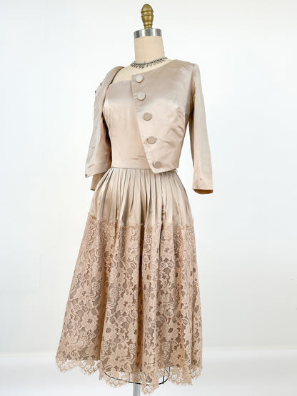 1950s Silky Taupe Satin and Lace Matching Set / Waist 26