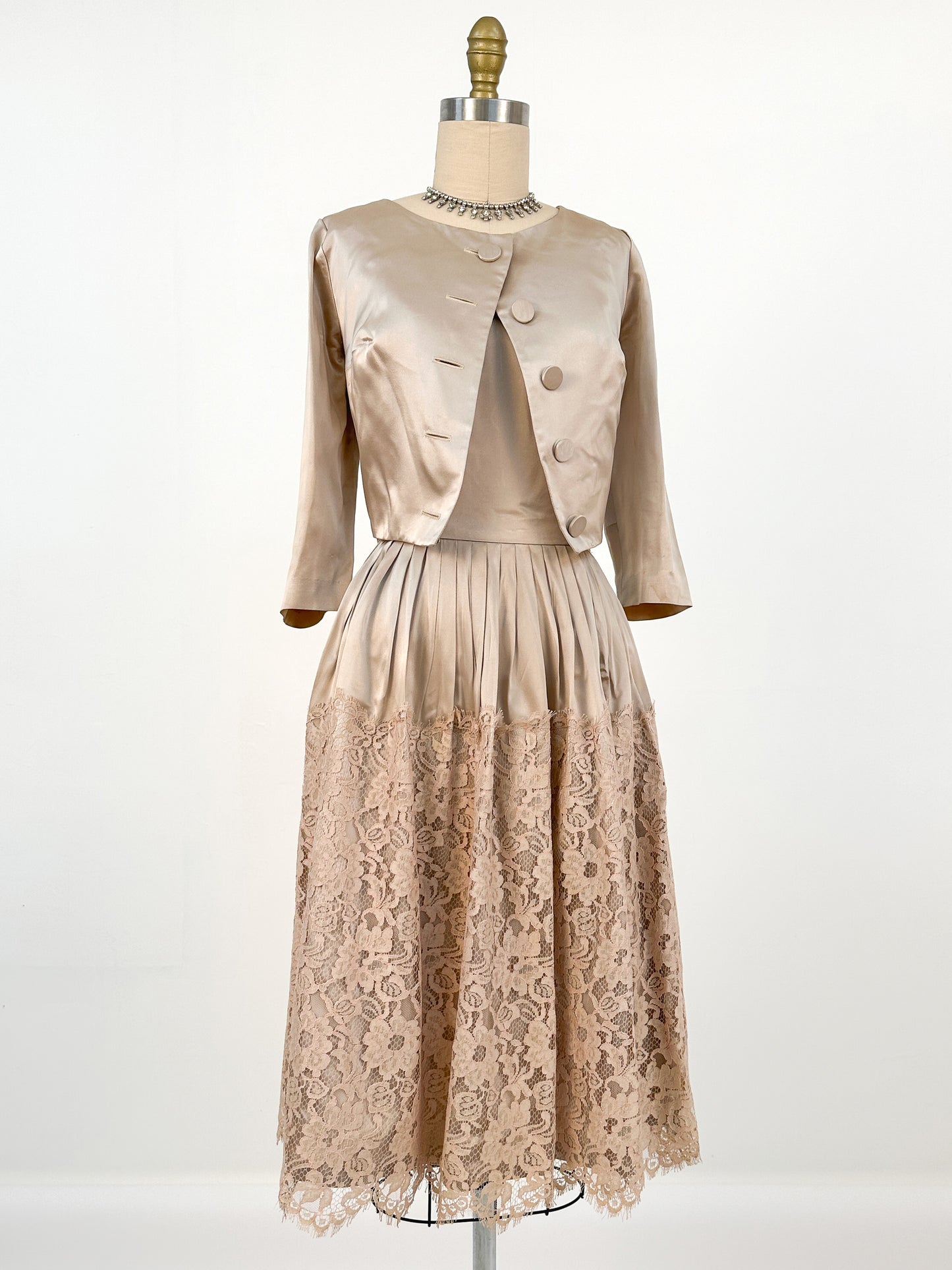 1950s Silky Taupe Satin and Lace Matching Set / Waist 26