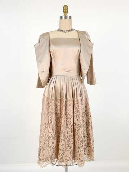 1950s Silky Taupe Satin and Lace Matching Set / Waist 26