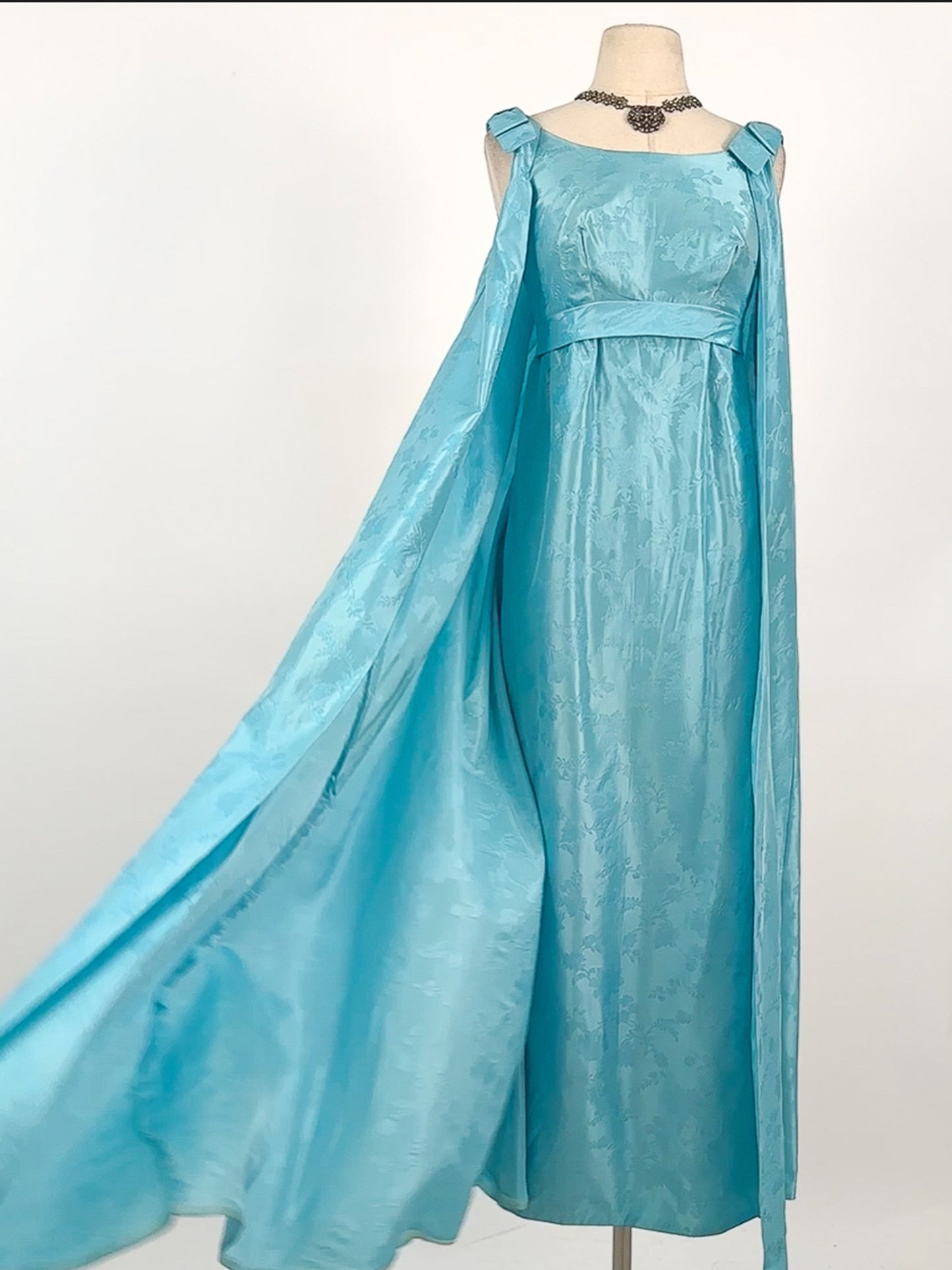 1960s Aquamarine Embossed Satin Evening Gown / Bust 32