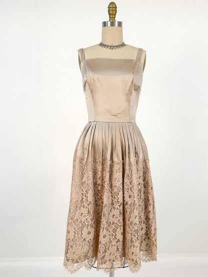 1950s Silky Taupe Satin and Lace Matching Set / Waist 26