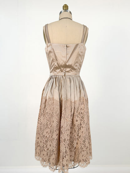 1950s Silky Taupe Satin and Lace Matching Set / Waist 26