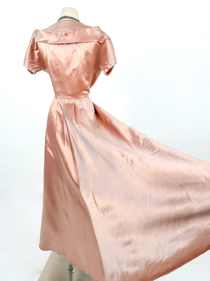 1930-40s Dusty Rose Silk Satin Gown / Waist 30