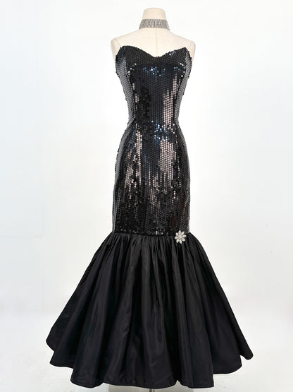 1980s Dynamite Black Sequin Mermaid Gown / Waist 28