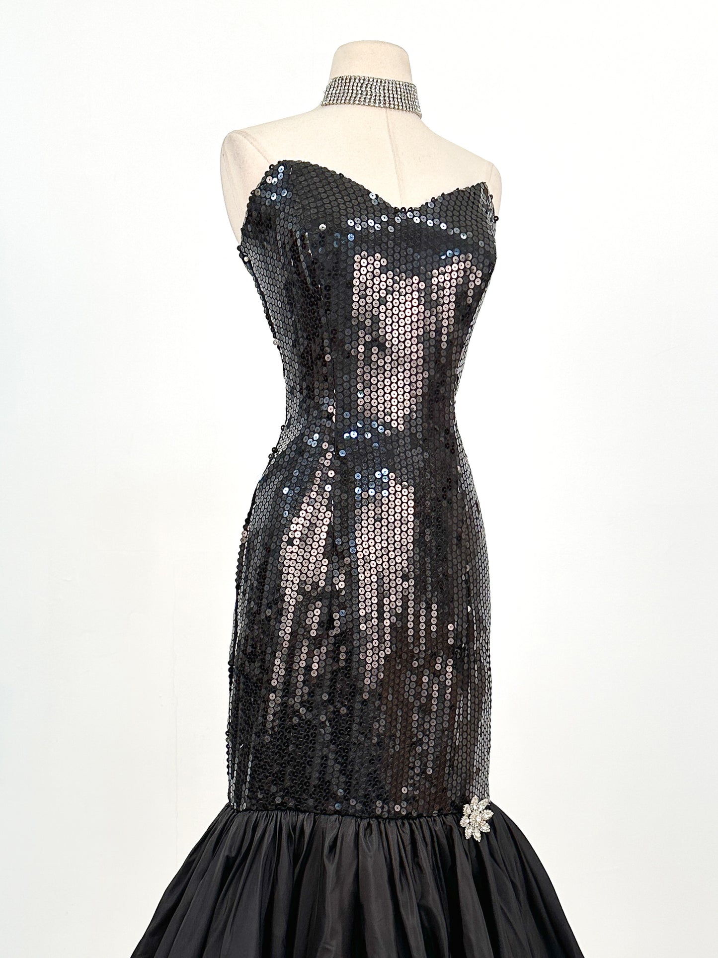 1980s Dynamite Black Sequin Mermaid Gown / Waist 28