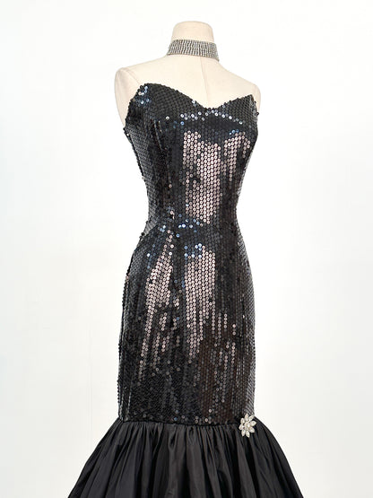 1980s Dynamite Black Sequin Mermaid Gown / Waist 28