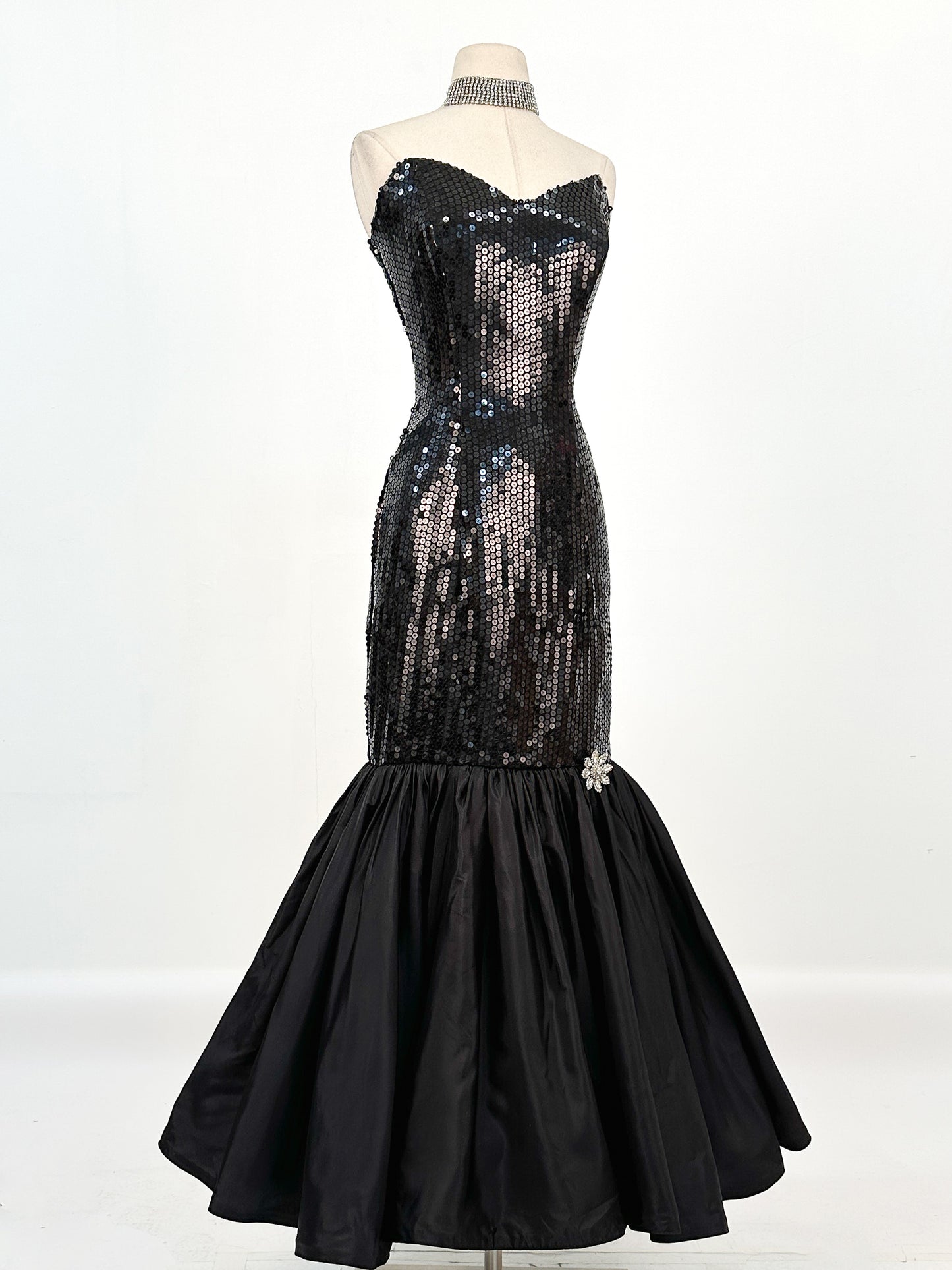 1980s Dynamite Black Sequin Mermaid Gown / Waist 28