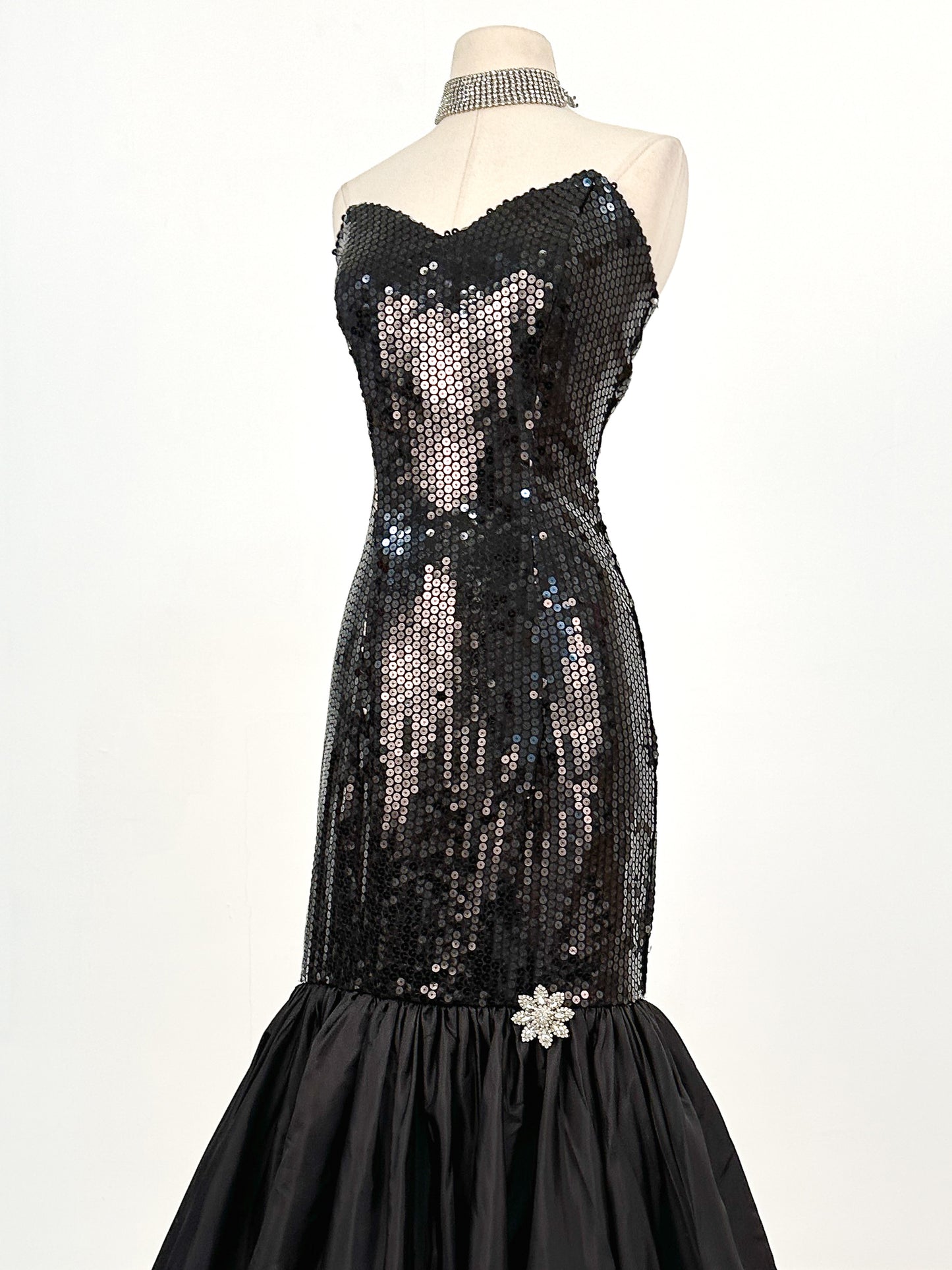 1980s Dynamite Black Sequin Mermaid Gown / Waist 28