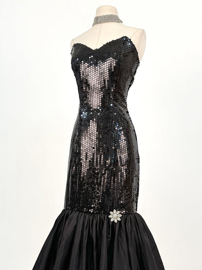 1980s Dynamite Black Sequin Mermaid Gown / Waist 28