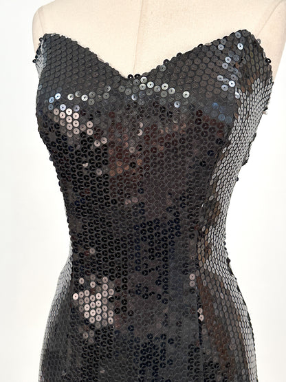 1980s Dynamite Black Sequin Mermaid Gown / Waist 28