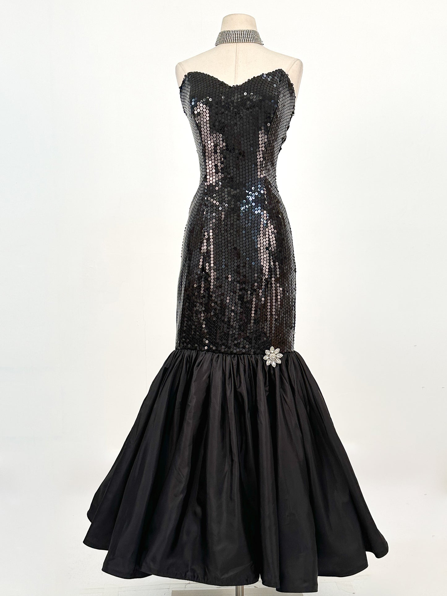 1980s Dynamite Black Sequin Mermaid Gown / Waist 28