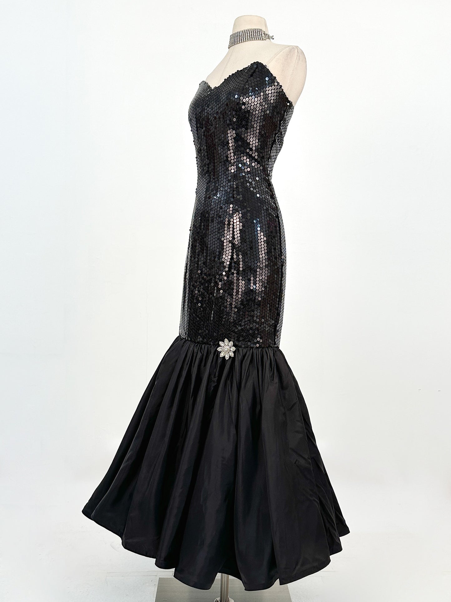 1980s Dynamite Black Sequin Mermaid Gown / Waist 28