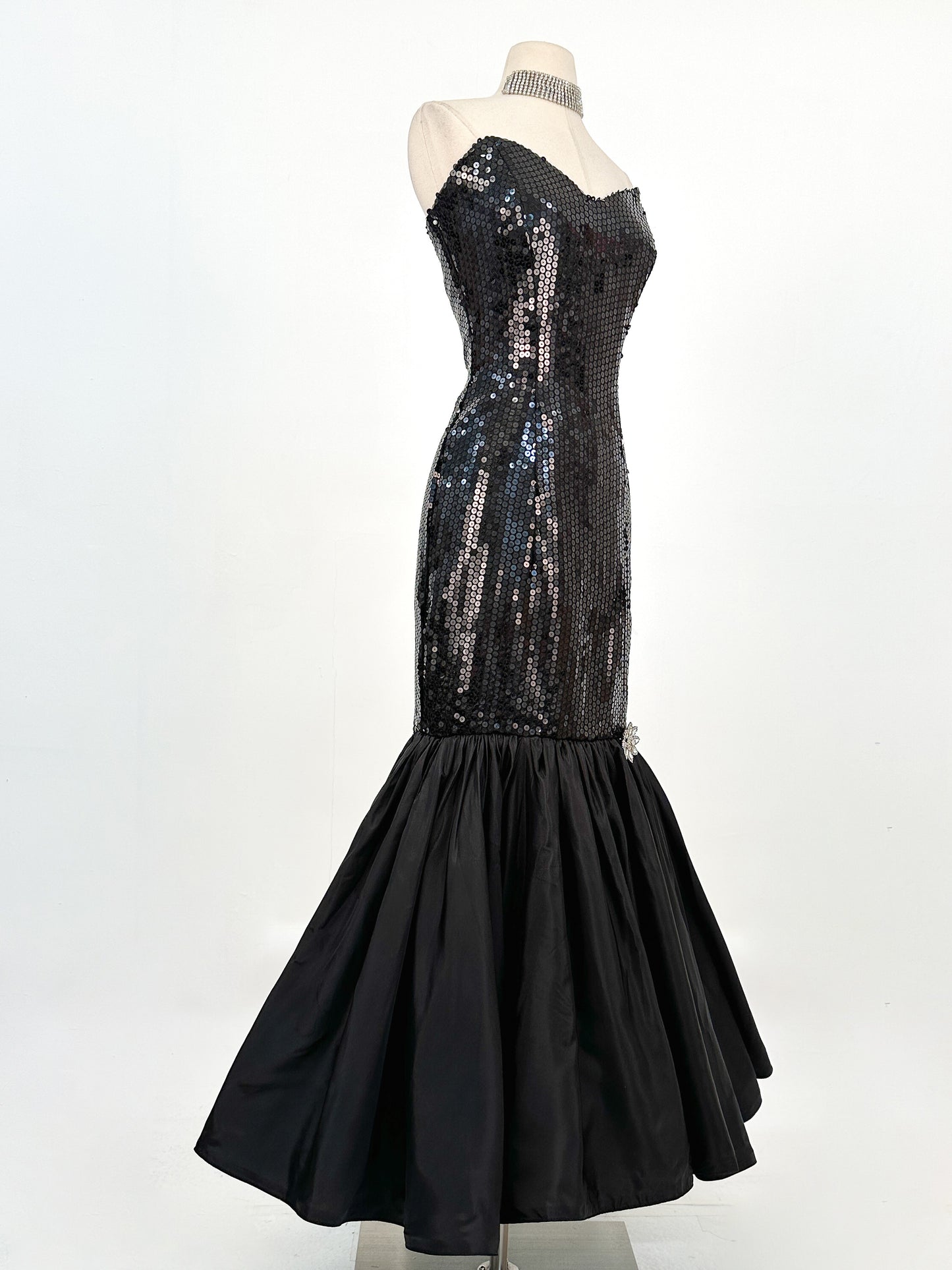 1980s Dynamite Black Sequin Mermaid Gown / Waist 28