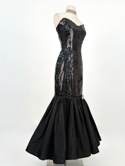 1980s Dynamite Black Sequin Mermaid Gown / Waist 28