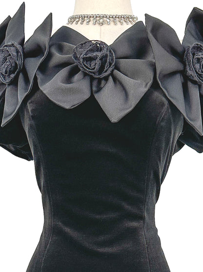 1980s Off the shoulder Black Velvet Bow Dress / Waist 30