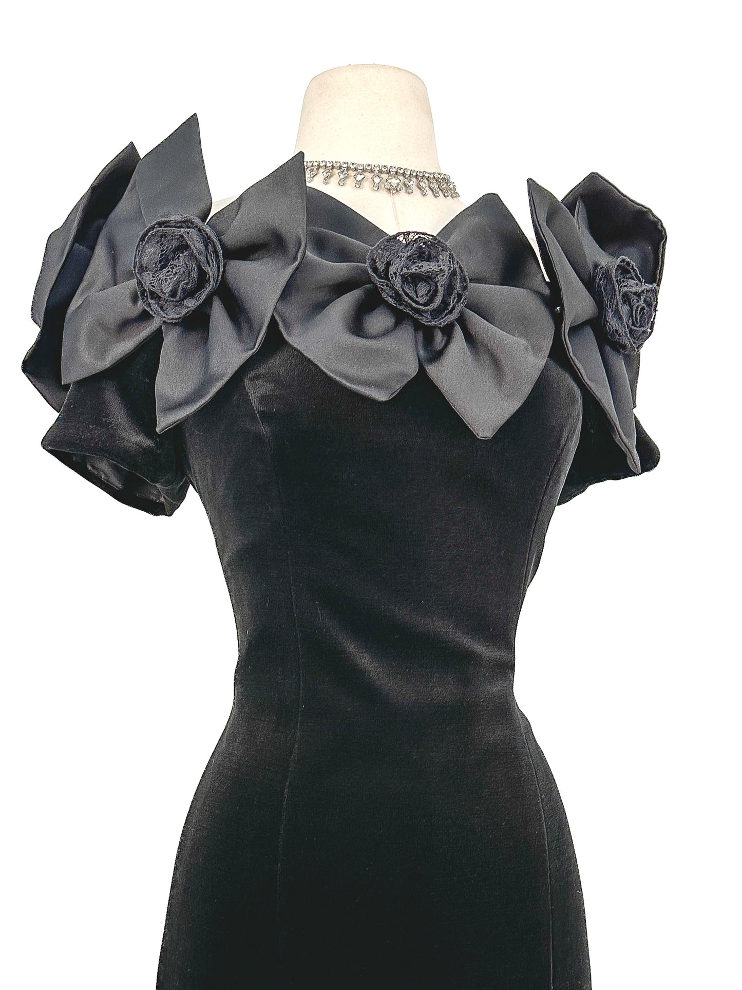 1980s Off the shoulder Black Velvet Bow Dress / Waist 30