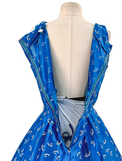 1950s Cotton Sateen Day Dress with Feather Print / Waist 30