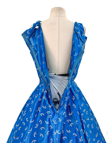 1950s Cotton Sateen Day Dress with Feather Print / Waist 30