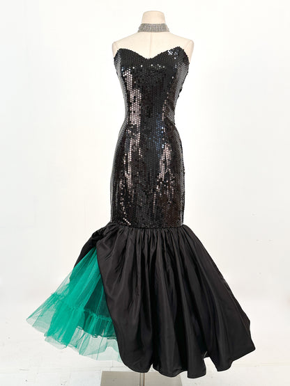 1980s Dynamite Black Sequin Mermaid Gown / Waist 28