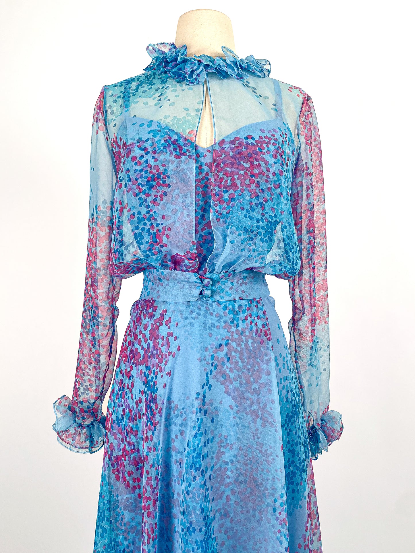 1970s Blue Chiffon Dress Set / Waist 27