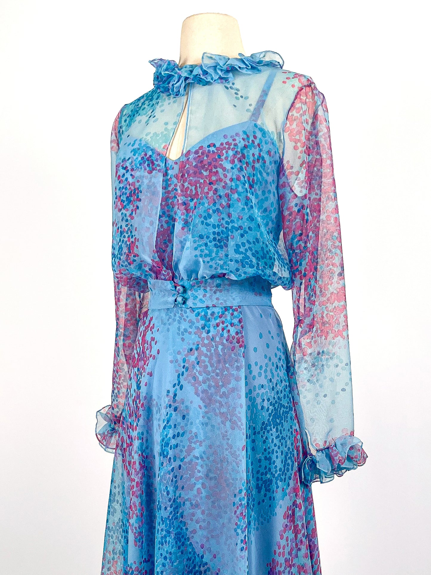 1970s Blue Chiffon Dress Set / Waist 27