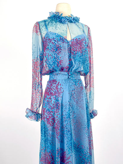 1970s Blue Chiffon Dress Set / Waist 27