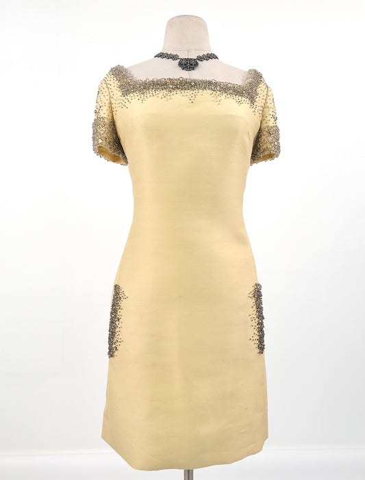 1960s Yellow Beaded Shift with Pockets / Waist 30-32"