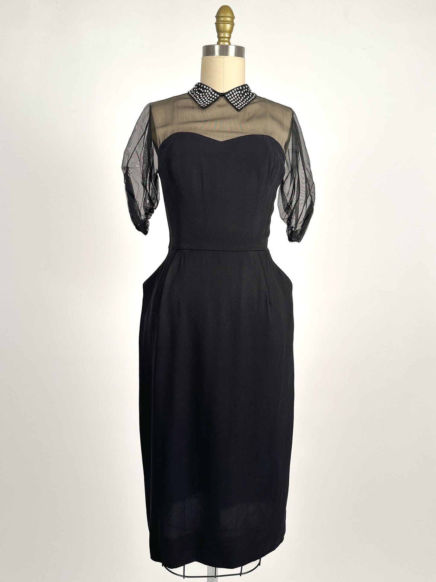 1940s LBD with Sheer Neckline by Peggy Hunt / Waist 28