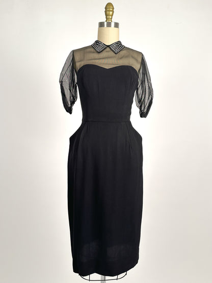 1940s LBD with Sheer Neckline by Peggy Hunt / Waist 28