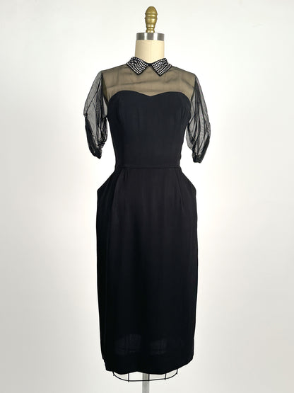 1940s LBD with Sheer Neckline by Peggy Hunt / Waist 28